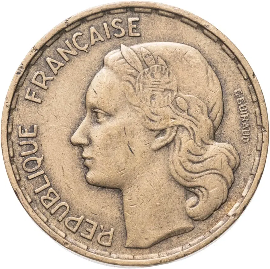 Франция 50 франков (francs) 1951 B  знак монетного двора: "B" - Бомон-ле-Роже, реверс