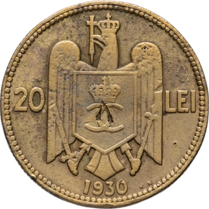 Румыния 20 леев (lei) 1930 KN Портрет Кароля II знак монетного двора: "KN" - Бирмингем, Kings Norton, реверс