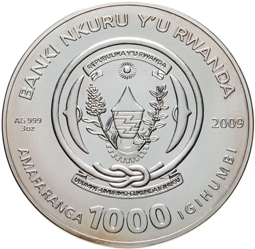 Руанда 1000 франков (francs) 2009 "Знаки зодиака - Овен" с сертификатом, реверс