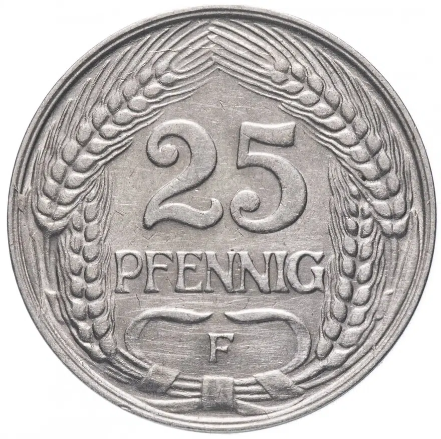 Германия 25 пфеннигов (pfennig) 1910 F