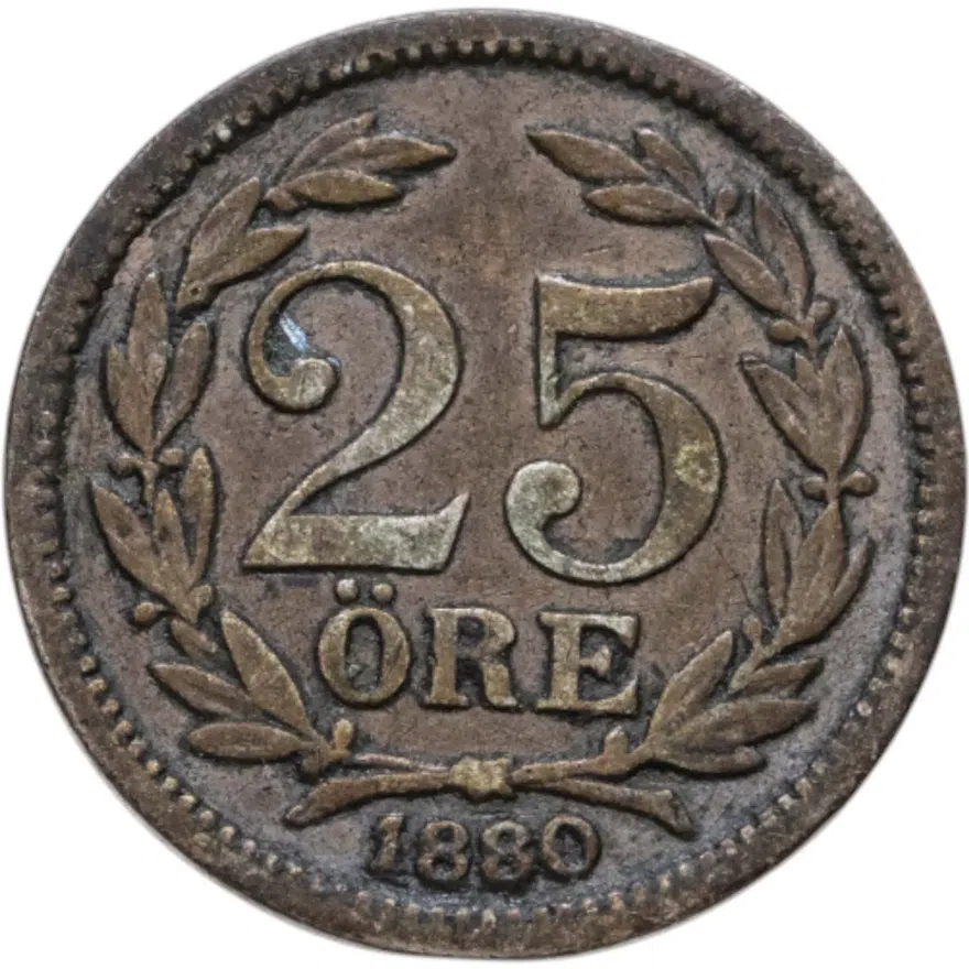 Швеция 25 эре (ore) 1880  Большой размер надписей, аверс