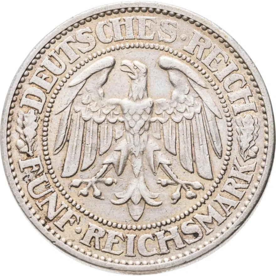 Германия 5 рейхсмарок (reichsmark) 1932 A  знак монетного двора "A" — Берлин