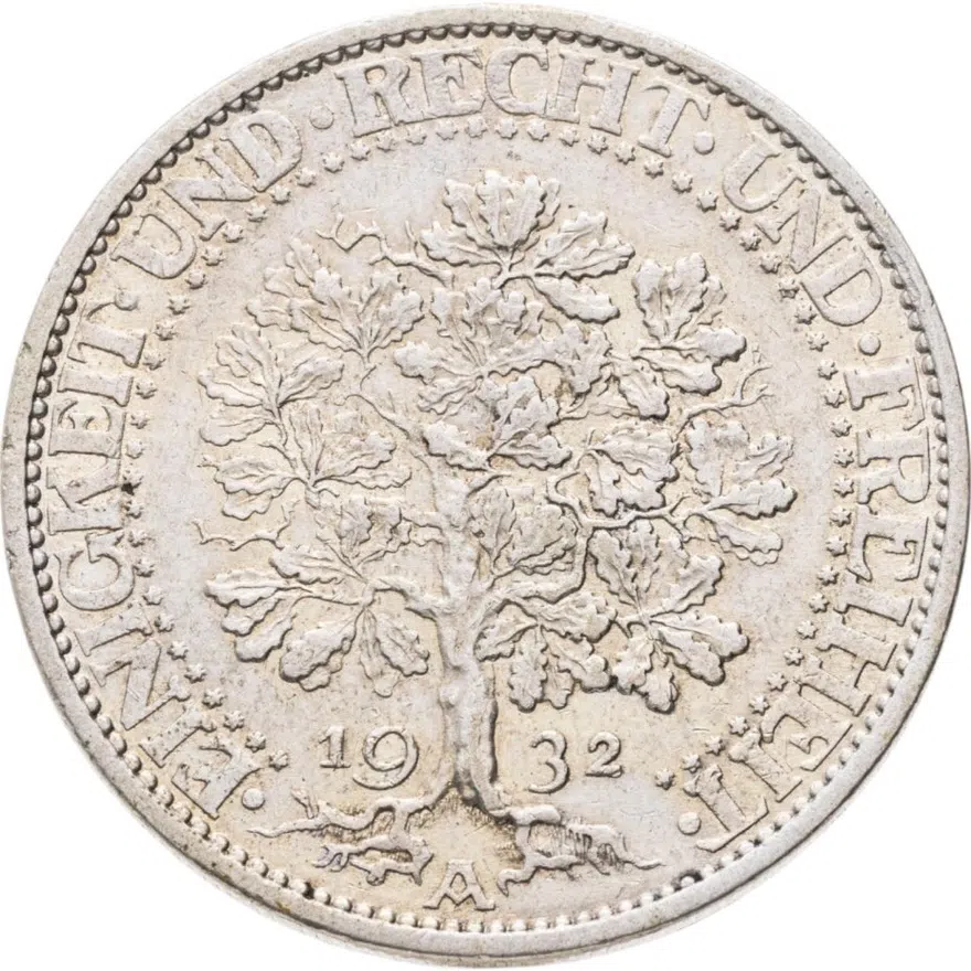 Германия 5 рейхсмарок (reichsmark) 1932 A  знак монетного двора "A" — Берлин, реверс