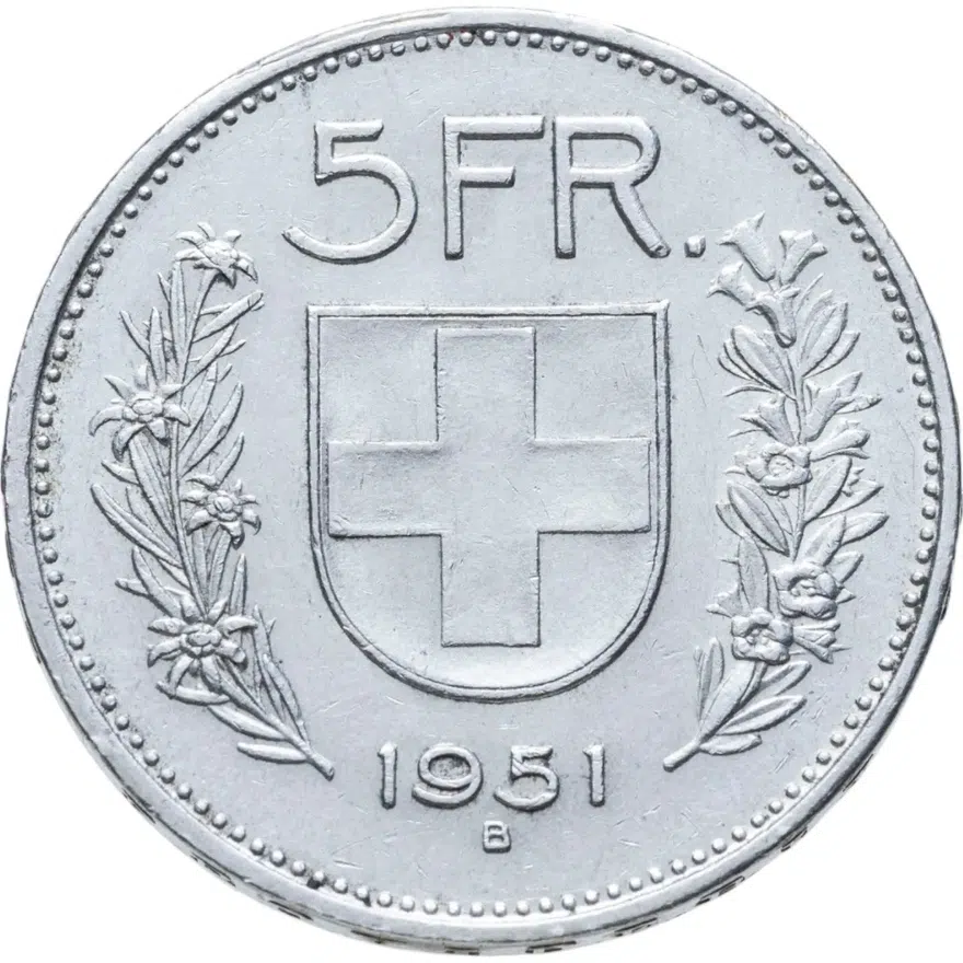 Швейцария 5 франков (francs) 1951, реверс