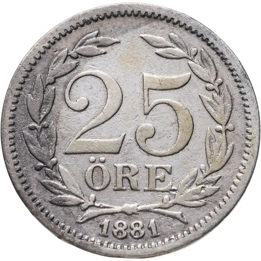 Швеция 25 эре (ore) 1881  Большой размер надписей