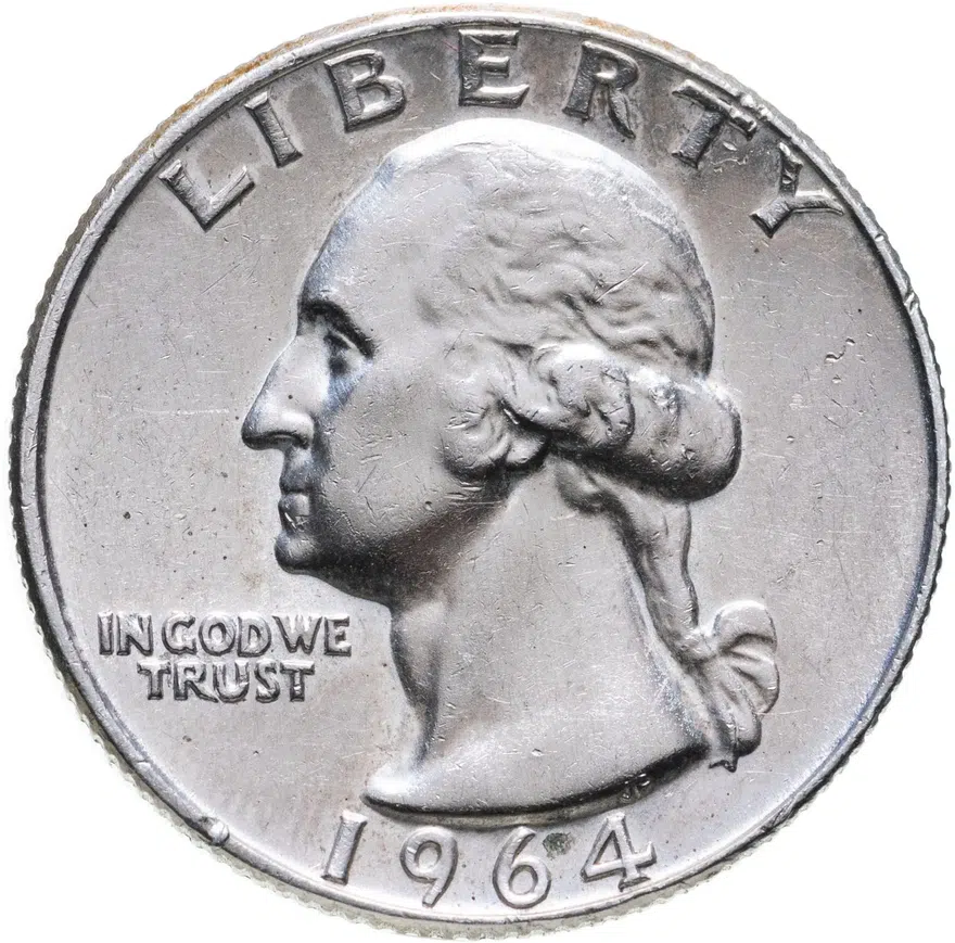 США 25 центов (квотер, 1/4 доллара, quarter dollar) 1964 D Washington Quarter (Вашингтон) знак монетного двора "D" - Денвер