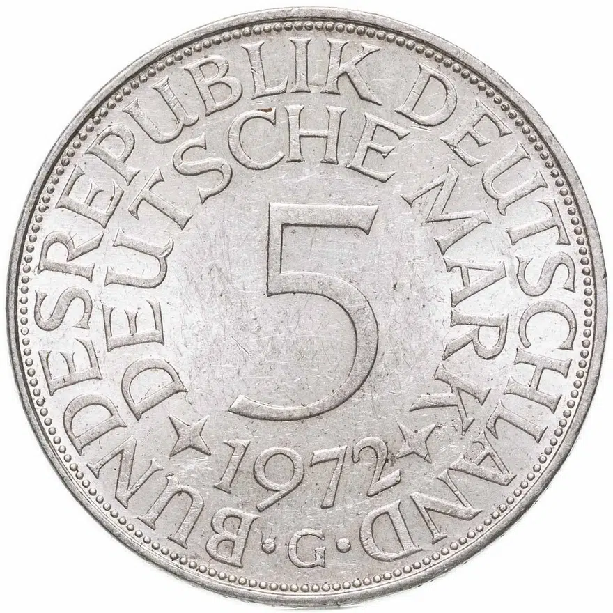Германия 5 марок 1972 Отметка монетного двора: "G" - Карлсруэ