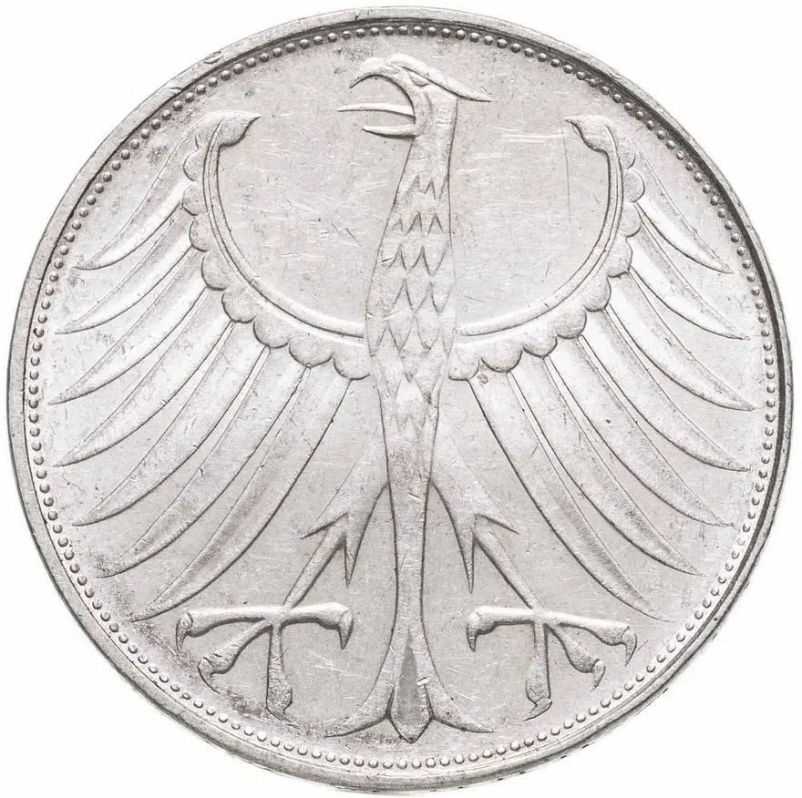 Германия 5 марок 1972 Отметка монетного двора: "G" - Карлсруэ, реверс