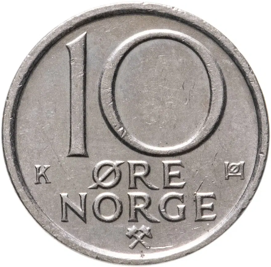 Норвегия 10 эре (ore) 1974-1991, реверс