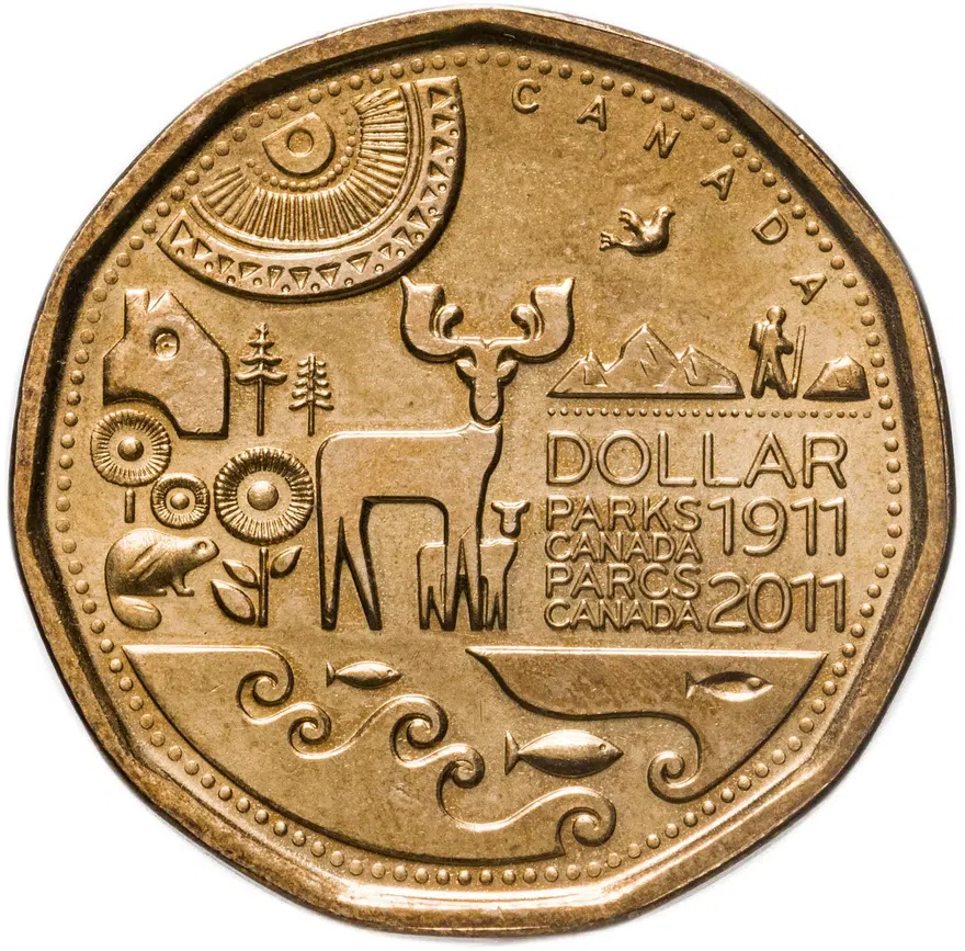 Канада 1 доллар (dollar) 2011   100 лет организации Парки Канады, аверс