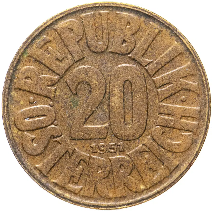 Австрия 20 грошей (groschen) 1951, аверс