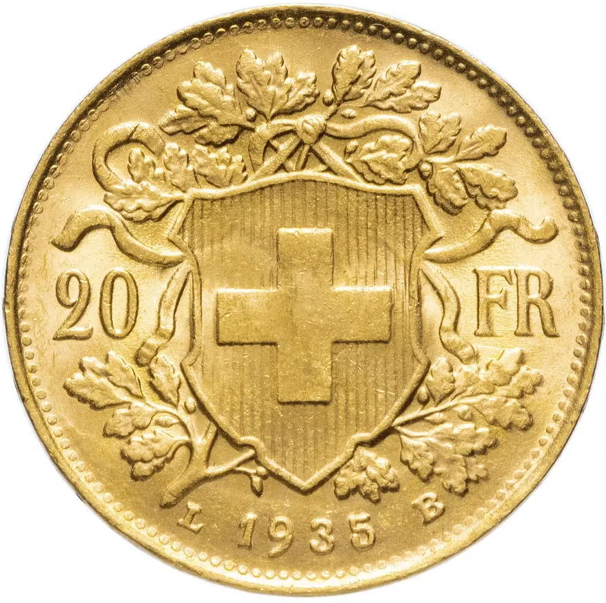 Швейцария 20 франков (francs) 1935 LB, реверс