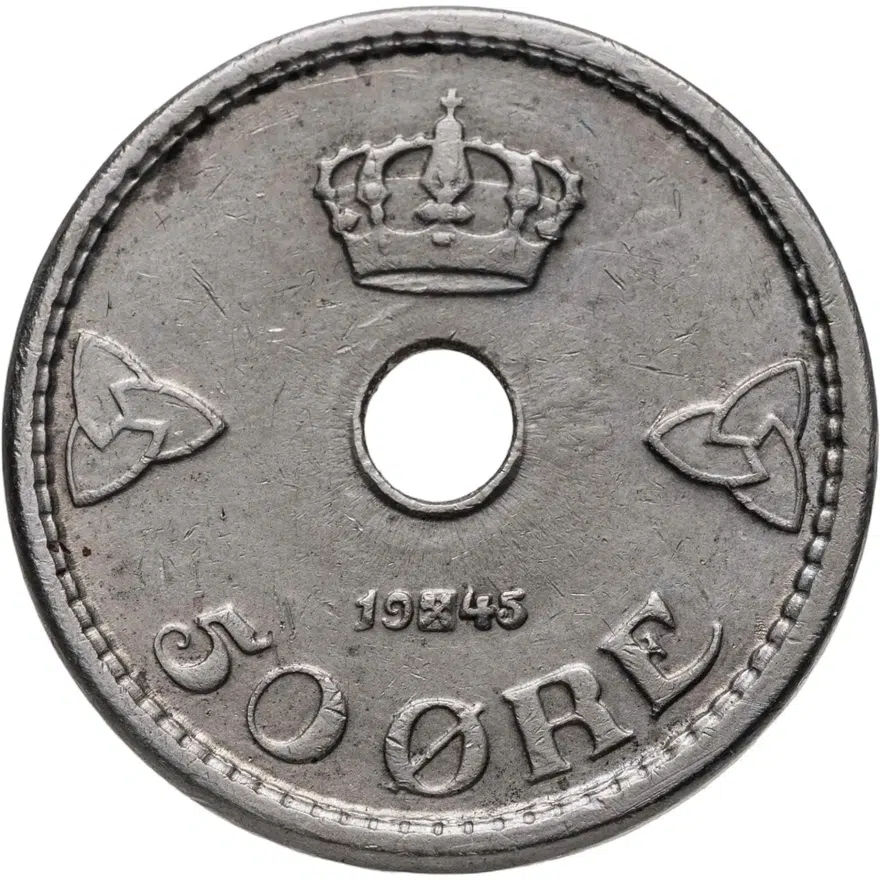 Норвегия 50 эре (ore) 1945  Форма: Круг c отверстием