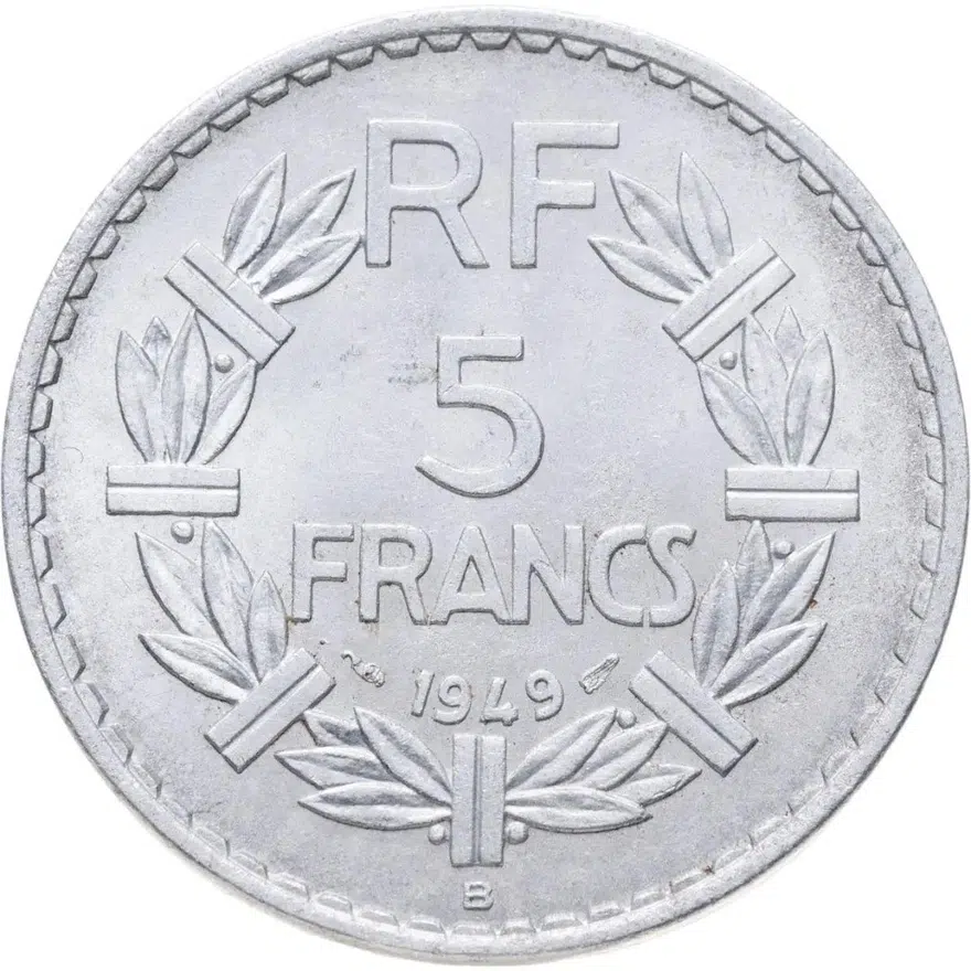 Франция 5 франков (francs) 1949 B  знак монетного двора: "B" - Бомон-ле-Роже, аверс