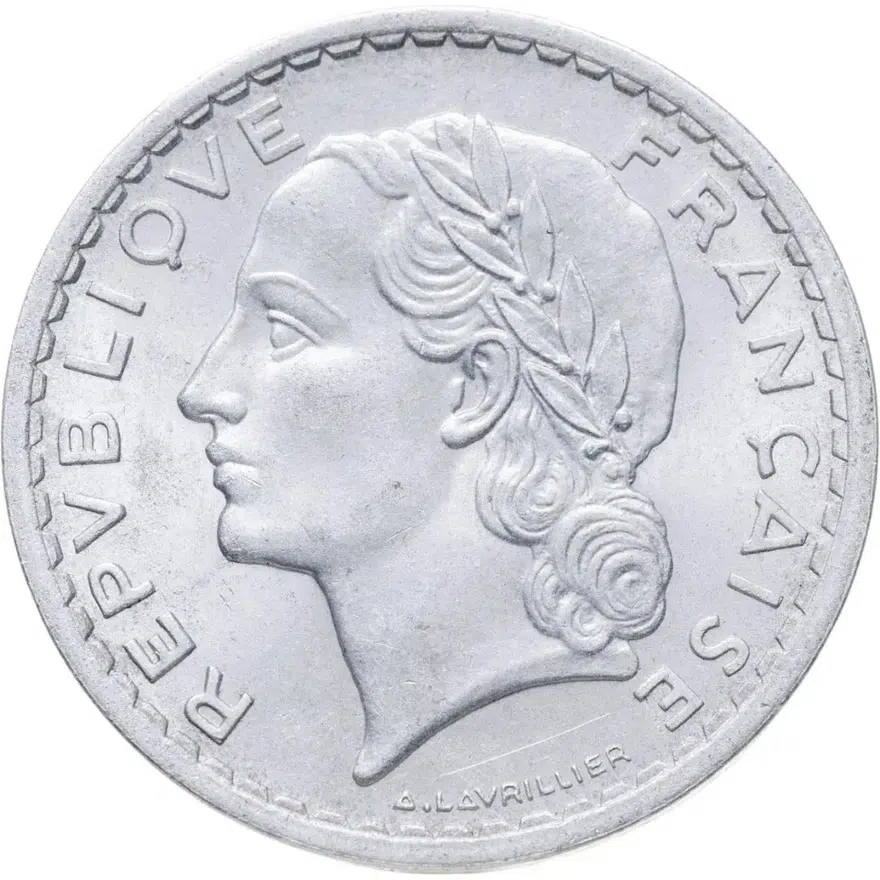 Франция 5 франков (francs) 1949 B  знак монетного двора: "B" - Бомон-ле-Роже, реверс