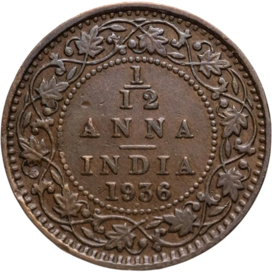Индия (Британская) 1/12 анны (anna) 1936 •  знак монетного двора: "•" - Бомбей, реверс