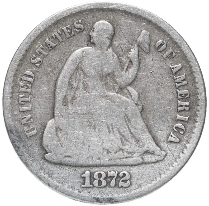 США 5 центов (1/2 дайма, half dime) 1872 S Сидящая Свобода знак монетного двора: "S" - Сан-Франциско, аверс