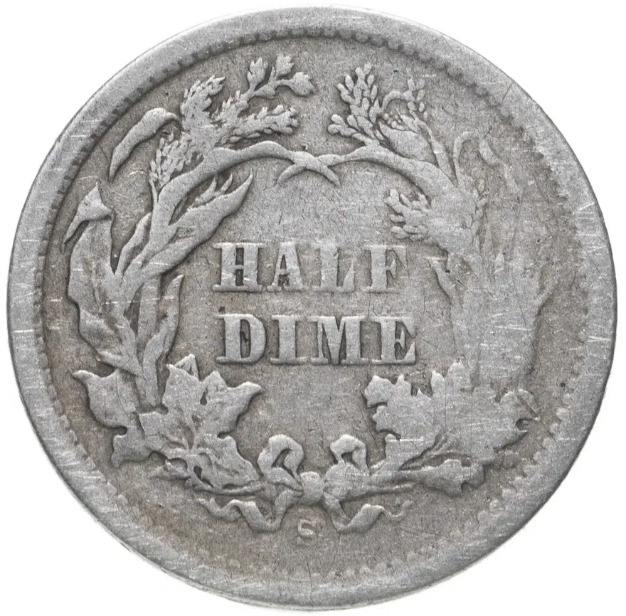 США 5 центов (1/2 дайма, half dime) 1872 S Сидящая Свобода знак монетного двора: "S" - Сан-Франциско, реверс