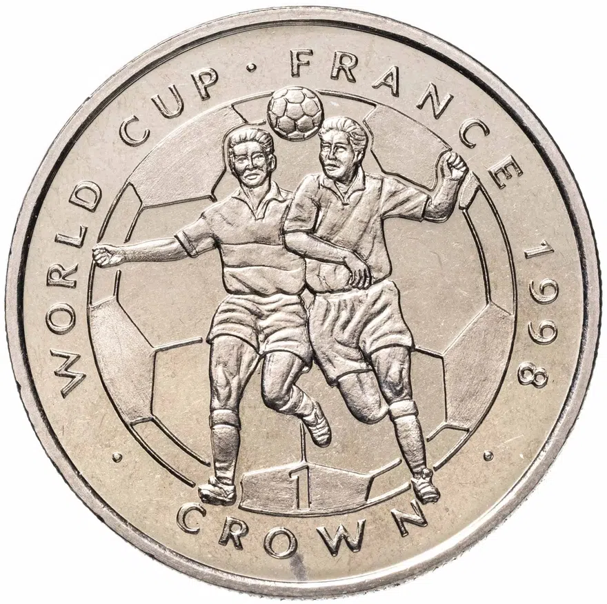 Остров Мэн 1 крона (crown) 1998  Чемпионат мира по футболу 1998, Франция /удар головой по мячу/, аверс