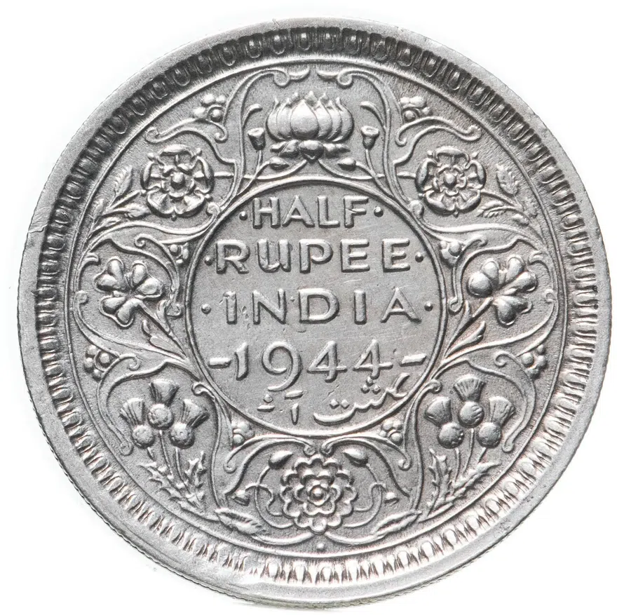 Индия (Британская) 1/2 рупии (rupee) 1944 •  знак монетного двора: "•" - Бомбей, реверс