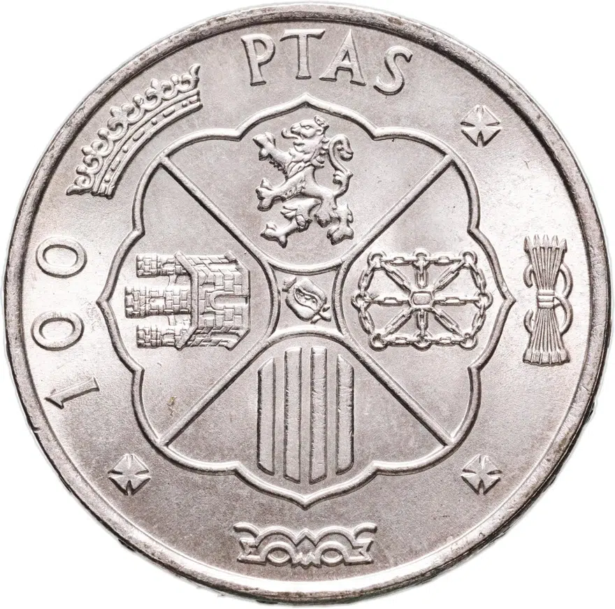 Испания 100 песет (pesetas) 1966 ("67" внутри звезды), реверс
