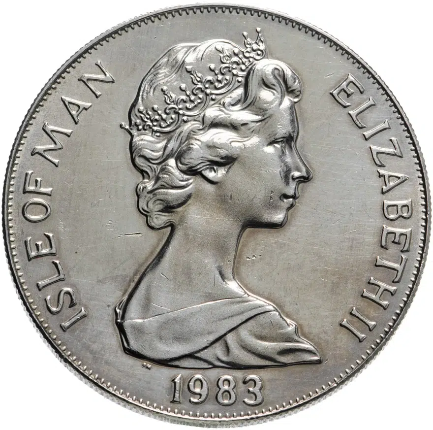 Остров Мэн 1 крона (crown) 1983 200 лет полёту человека - Реактивный самолет. Нет буквенной отметки на реверсе, реверс