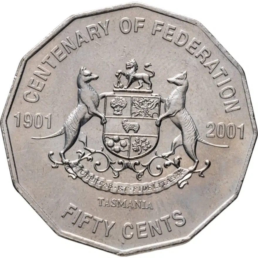 Австралия 50 центов (cents) 2001  Столетие Федерации - Тасмания, аверс