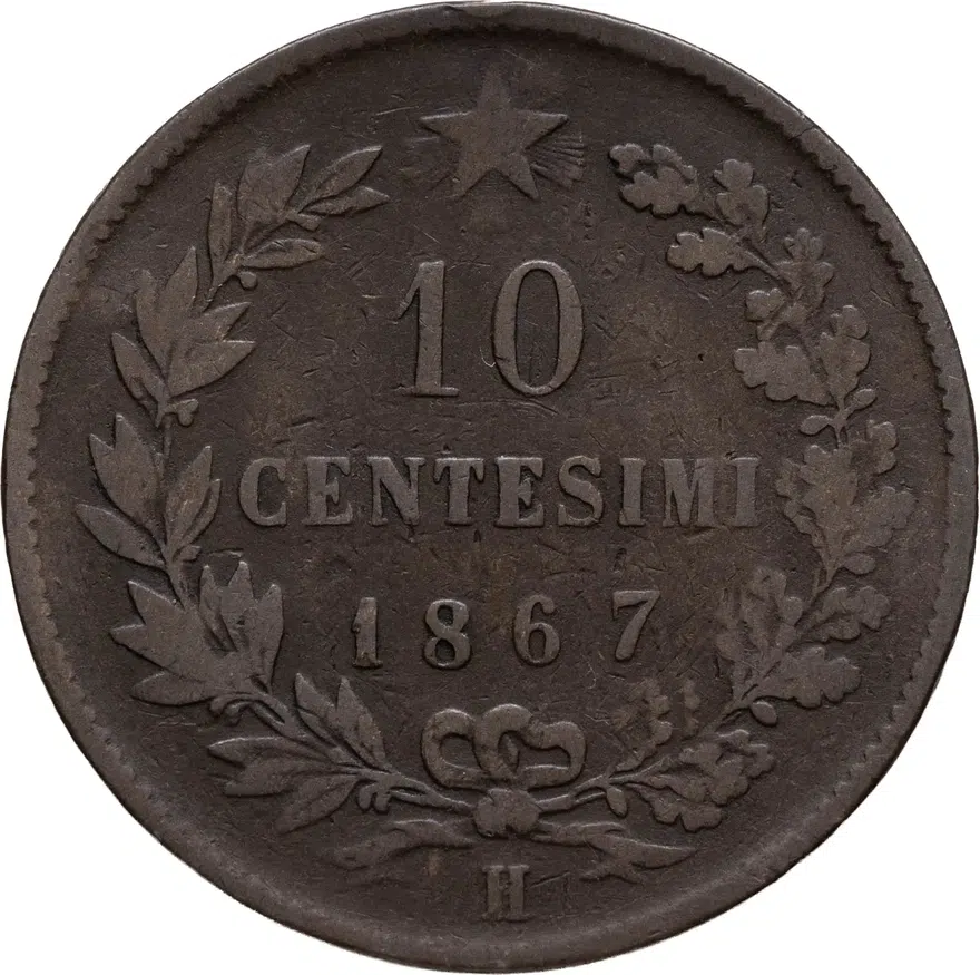 Италия 10 чентезимо (centesimi) 1867 H  знак монетного двора "H" - Хитон, Бирмингем, реверс
