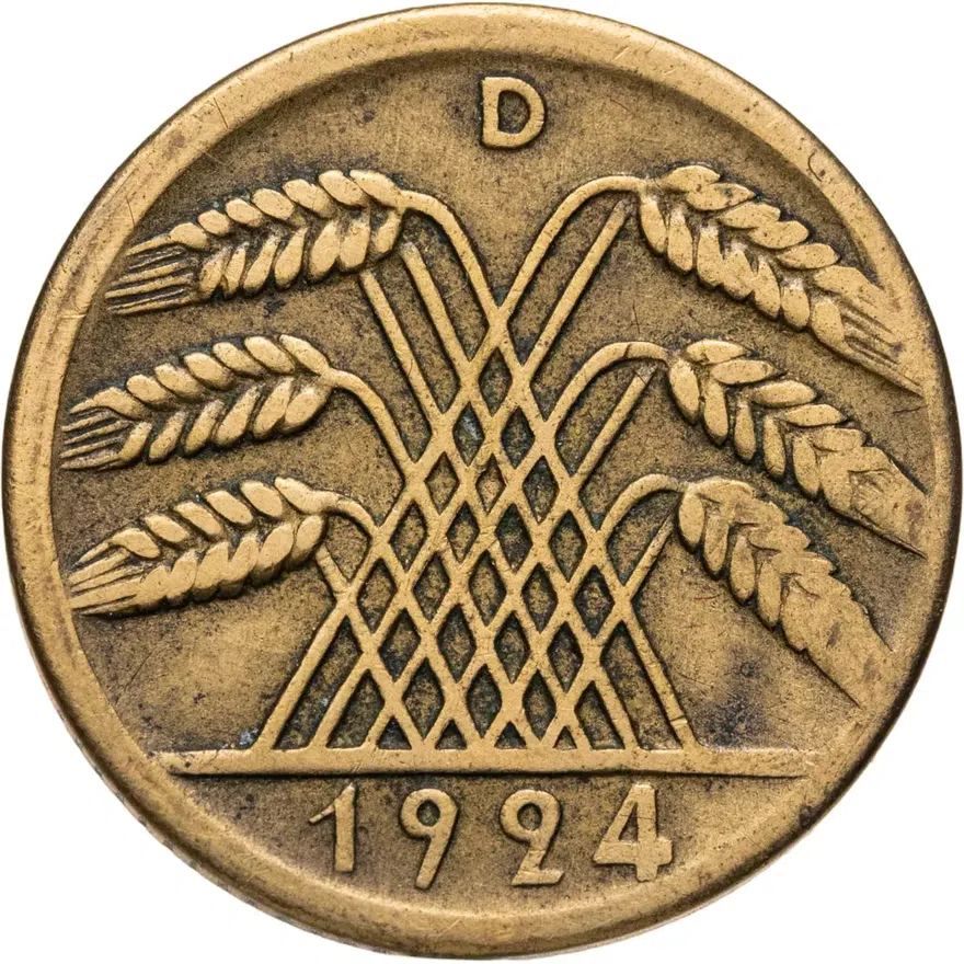 Германия 10 рентных пфеннигов (rentenpfennig) 1924 D  знак монетного двора "D" — Мюнхен, аверс