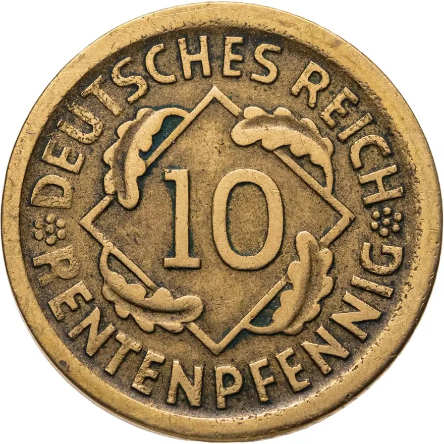 Германия 10 рентных пфеннигов (rentenpfennig) 1924 D  знак монетного двора "D" — Мюнхен, реверс
