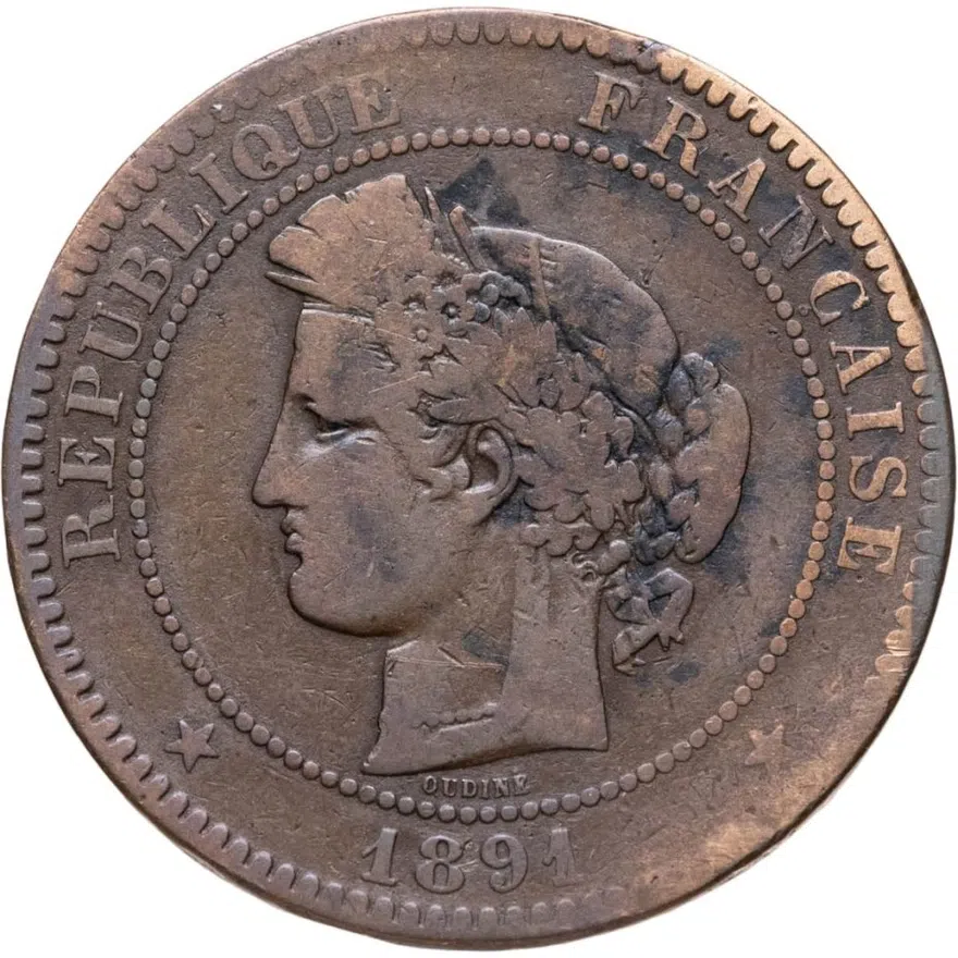 Франция 10 сантимов (centimes) 1891, реверс
