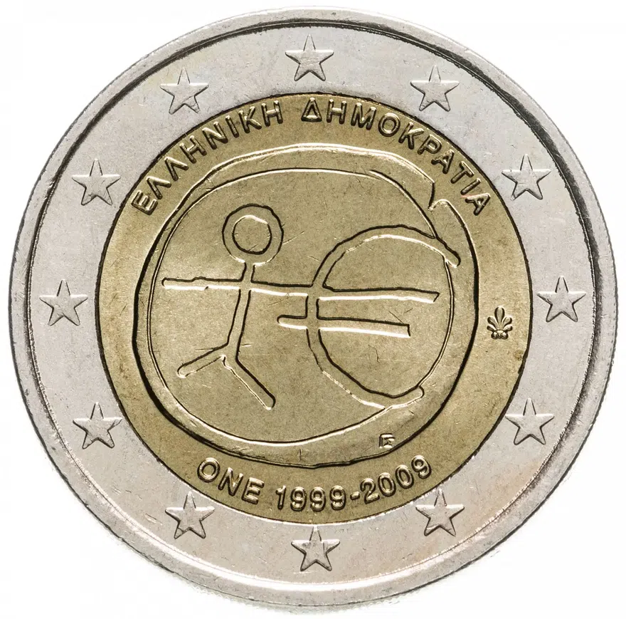 Греция 2 евро 2009 "10 лет Экономическому и валютному союзу"