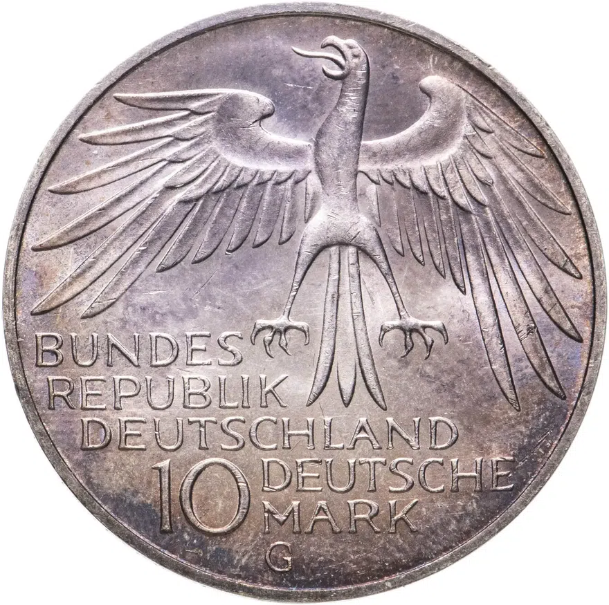 Германия 10 марок (mark) 1972 G XX летние Олимпийские Игры, Мюнхен 1972 - Стадион знак монетного двора: "G" - Карлсруэ, реверс