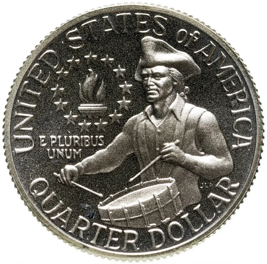 США 25 центов (квотер, 1/4 доллара, quarter dollar) 1976 S 200 лет независимости США (барабанщик) знак монетного двора "S" - Сан-Франциско, аверс
