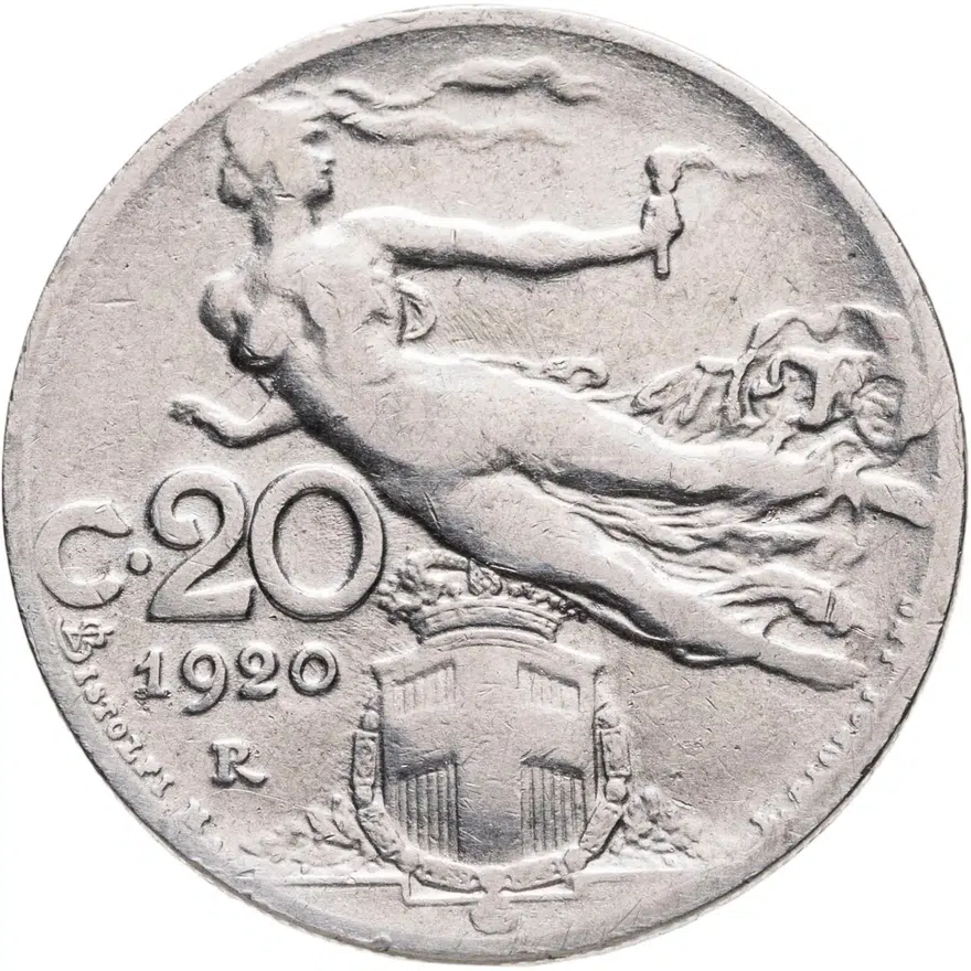 Италия 20 чентезимо (centesimi) 1920  Старый тип: Женщина с колосом, реверс