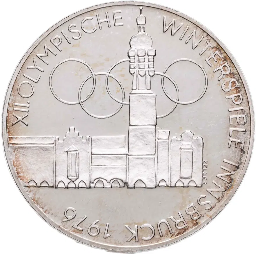 Австрия 100 шиллингов (shillings) 1975 XII зимние Олимпийские Игры, Инсбрук 1976 - Здания и Олимпийская эмблема знак монетного двора: "Щит" - Вена