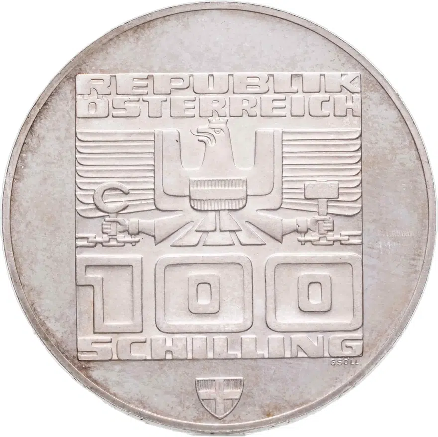 Австрия 100 шиллингов (shillings) 1975 XII зимние Олимпийские Игры, Инсбрук 1976 - Здания и Олимпийская эмблема знак монетного двора: "Щит" - Вена, реверс