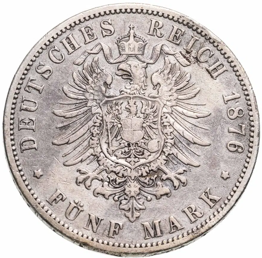 Германия (Империя) 5 марок (mark) 1876 B  знак монетного двора: "B" - Ганновер, реверс