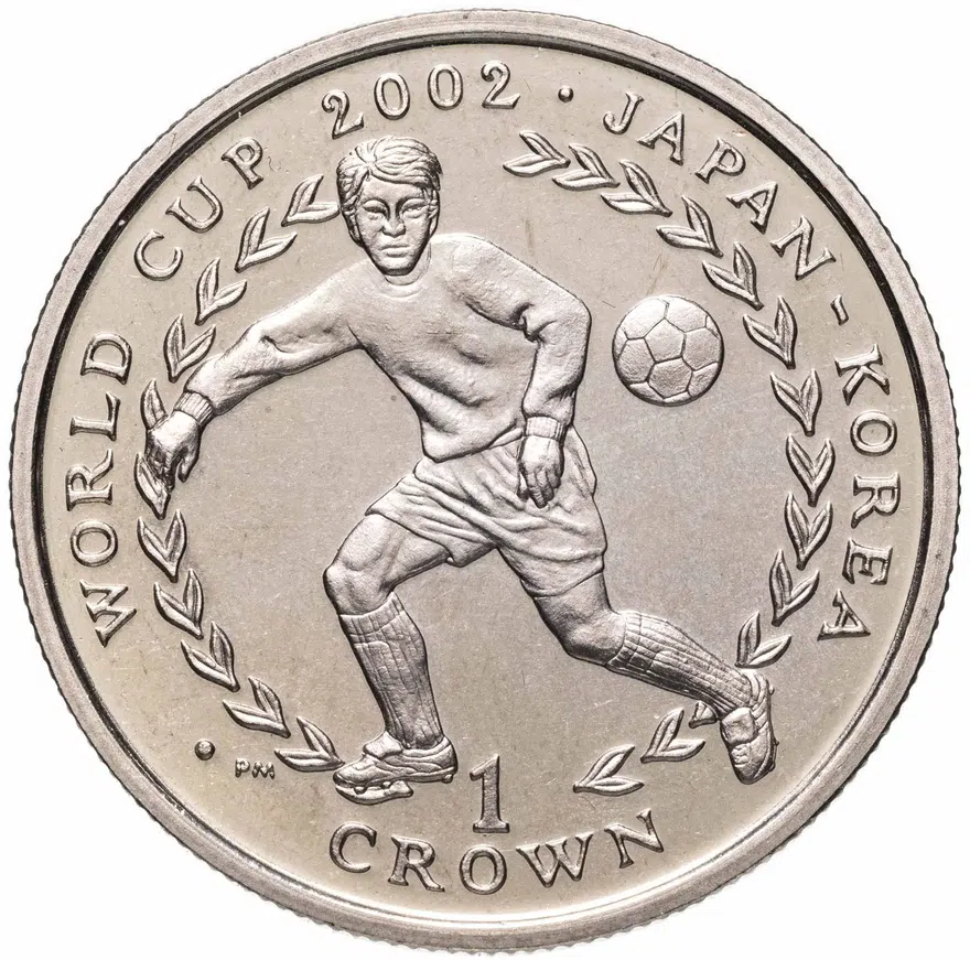 Остров Мэн 1 крона (crown) 2002  Чемпионат мира по футболу 2002, Япония-Корея /мяч справа вверху/, аверс
