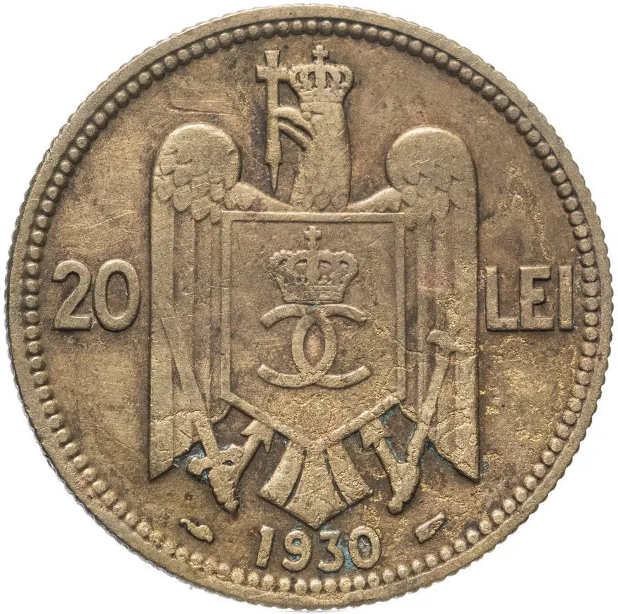 Румыния 20 леев (lei) 1930 Портрет Кароля II "раковина и крыло", аверс