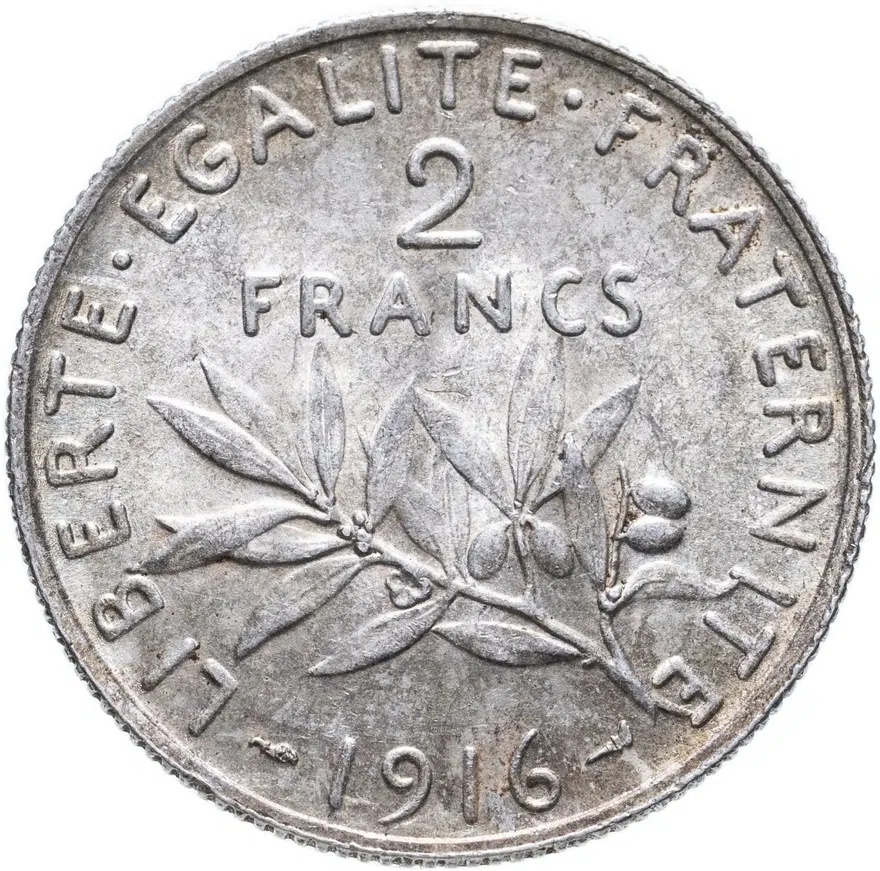 Франция 2 франка (francs) 1916, реверс