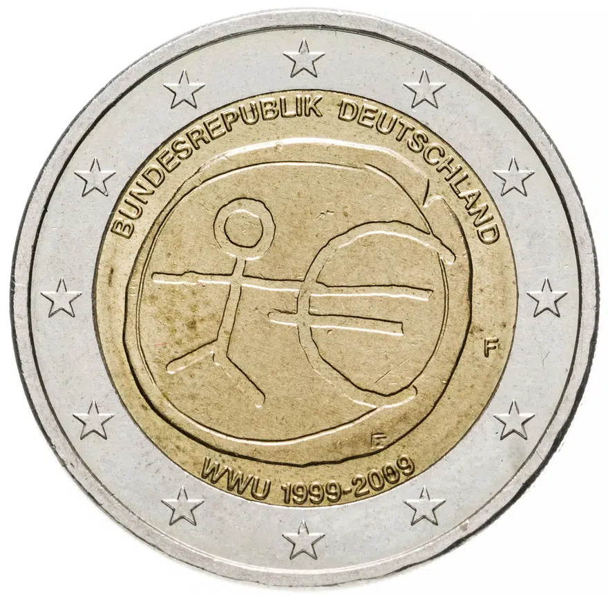 Германия 2 евро 2009 F "10 лет монетарной политики ЕС (EMU) и введения евро"