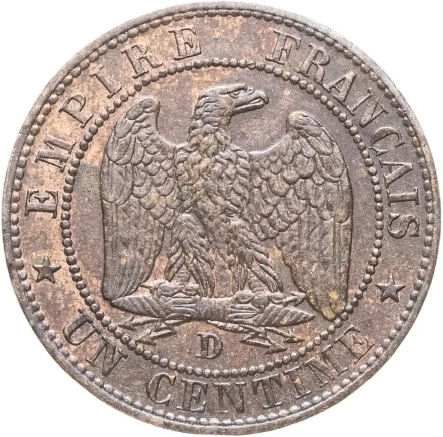 Франция 1 сантим (centime) 1853 D  знак монетного двора: "D" - Лион, реверс