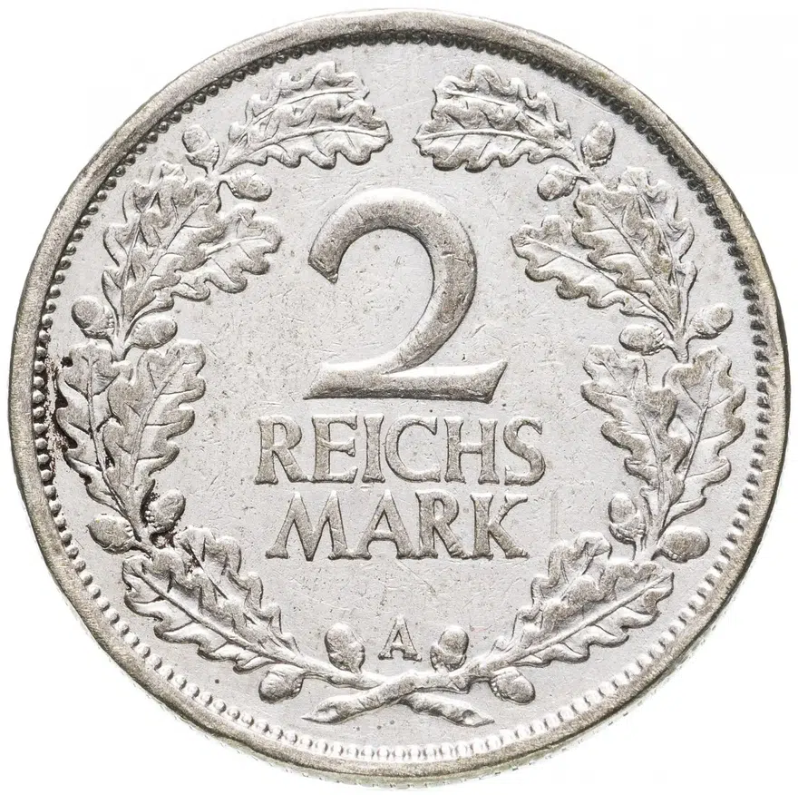 Германия 2 рейхсмарки (reichsmark) 1926 A  знак монетного двора "A" — Берлин