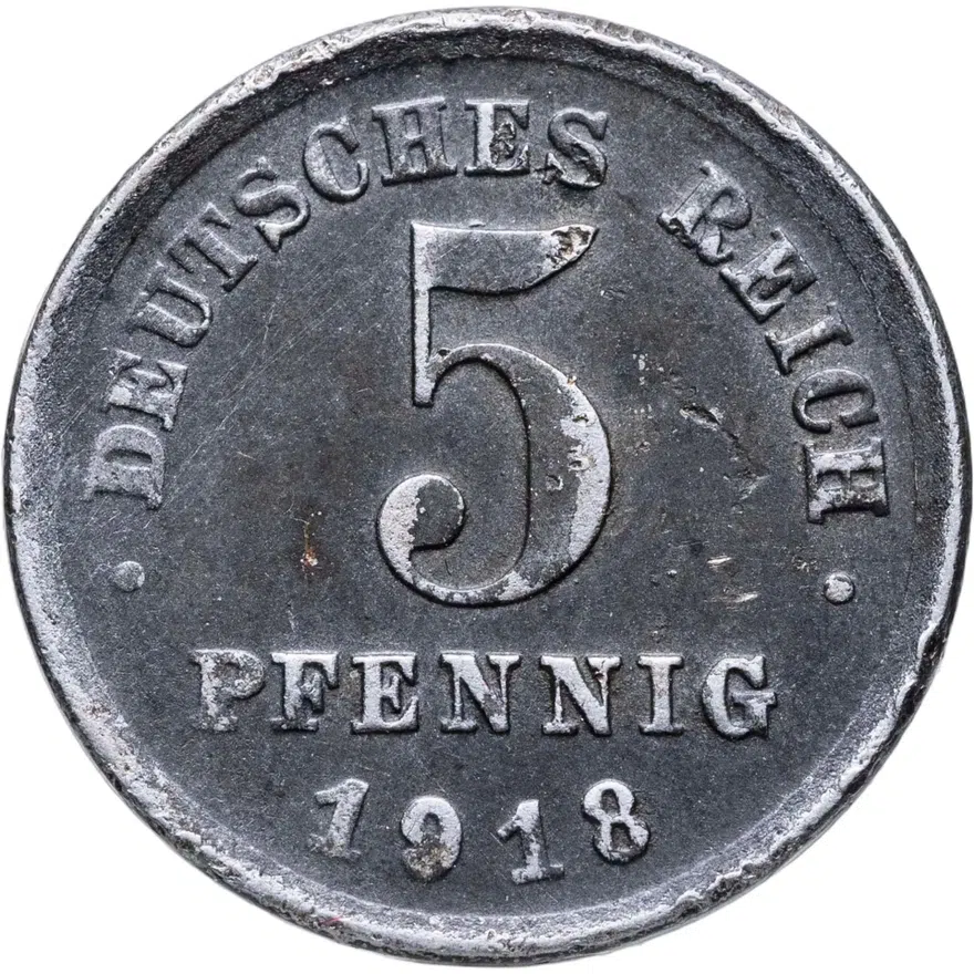 Германия 5 пфеннигов (pfennig) 1918 J  знак монетного двора: "J" - Гамбург, аверс