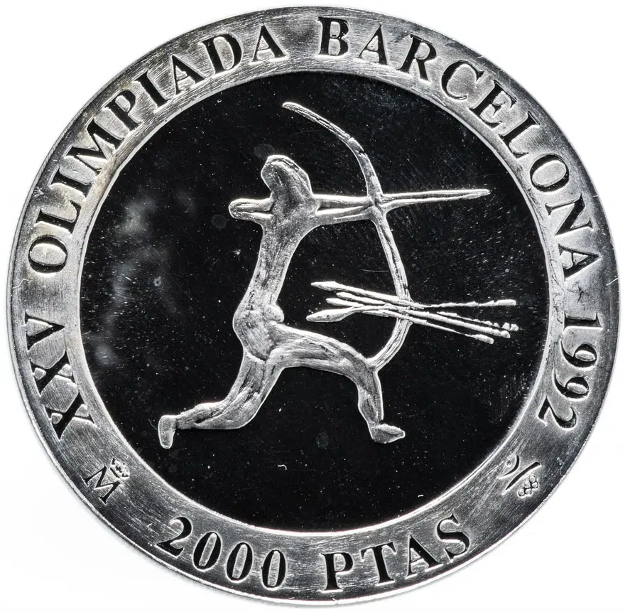 Испания 2000 песет (pesetas) 1990 "XXV Летние Олимпийские игры, Барселона 1992 - стрельба из лука"