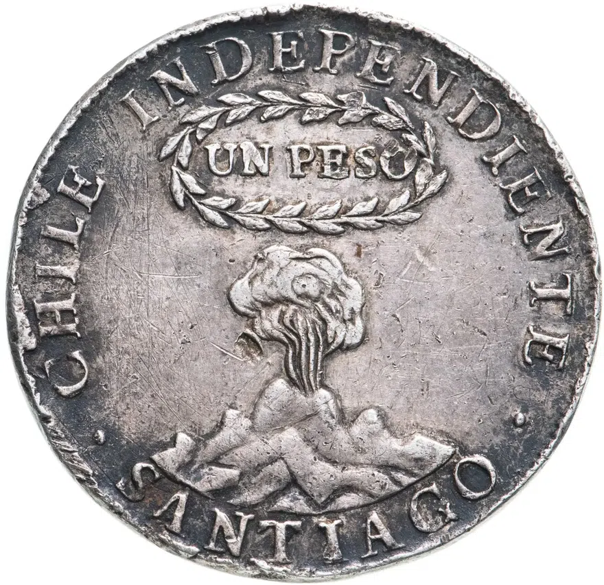 Чили 1 песо (peso) 1817  Буква "Y" левее колонны Отметка "FJ"