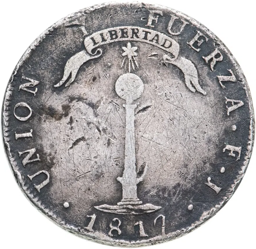 Чили 1 песо (peso) 1817  Буква "Y" левее колонны Отметка "FJ", реверс