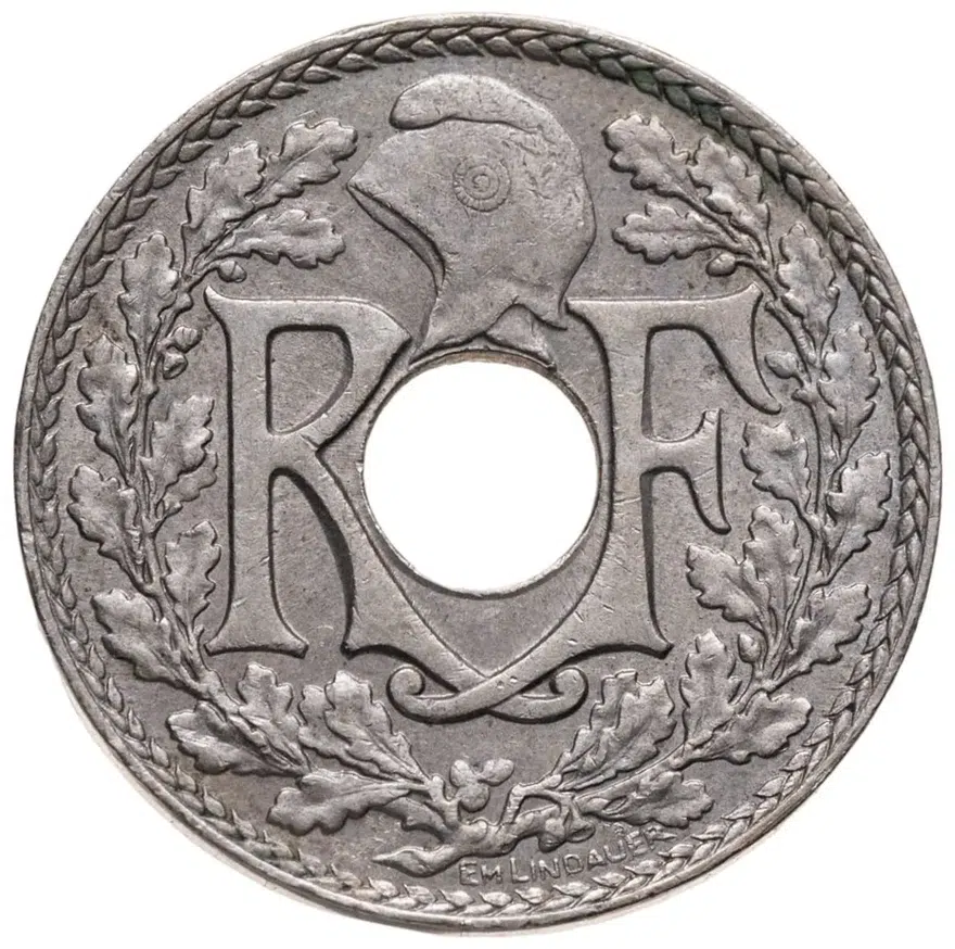 Франция 10 сантимов (centimes) 1921  Отверстие в центре, аверс
