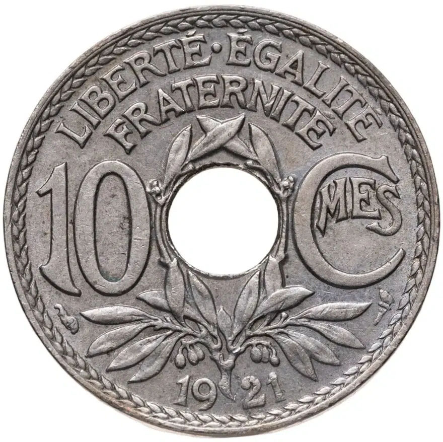 Франция 10 сантимов (centimes) 1921  Отверстие в центре, реверс